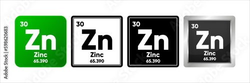 Zinc chemical element with 30 atomic number, atomic mass and electronegativity values. Periodic table concept. Logo in four design. Simple black, realistic and color logo. Vector Generative AI