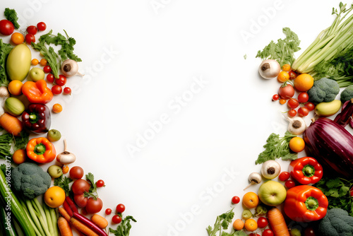 a frame of fresh dietary vegetables on a white background. text space, banner. Generative AI © gankevstock