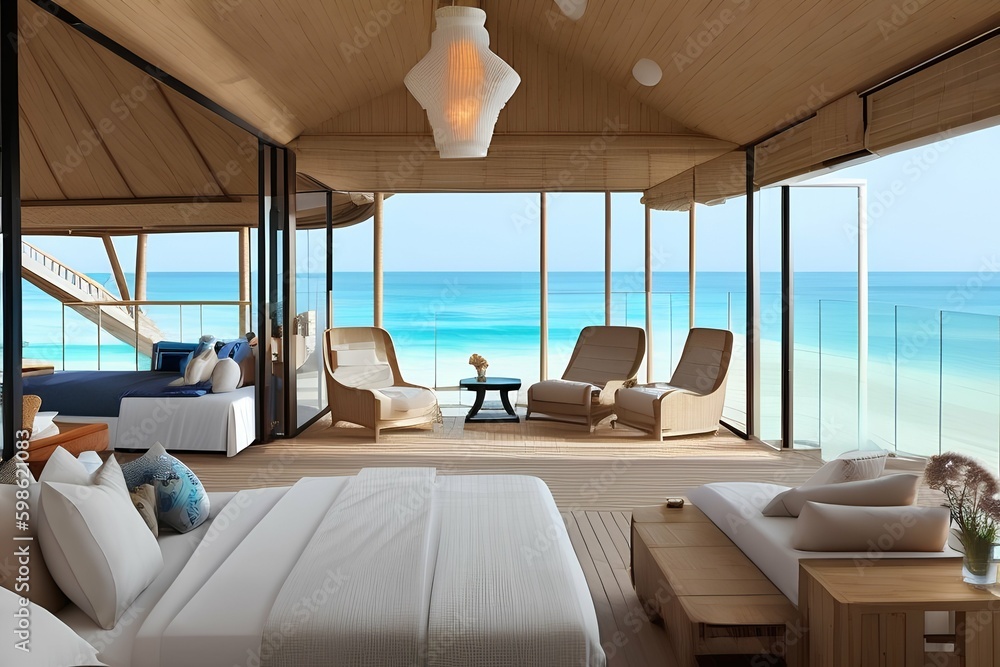 Fototapeta premium Beach houseisland themed library room - generative ai
