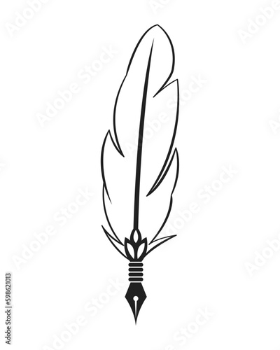 A quill pen takes notes on paper. antique writing pen.