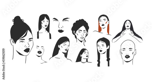 Hand drawn vector abstract outline,graphic,line art magic beautiful woman witch faces in minimalistic modern line art style.Witch female outline design concept.Line art beauty woman portraits set.