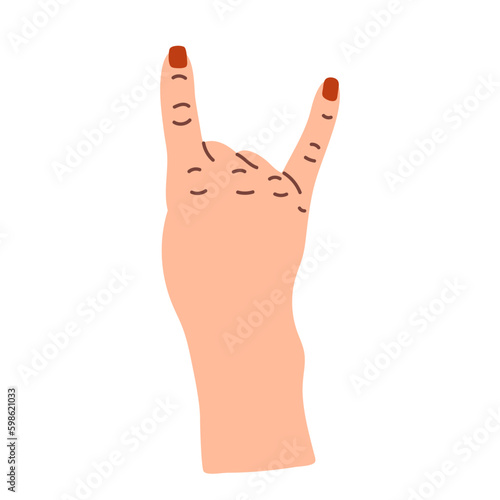 Hand showing Rock sign. Hand gesture devil horns. Colorful vector flat cartoon illustration isolated on white. Symbol of rock Heavy metal music fans
