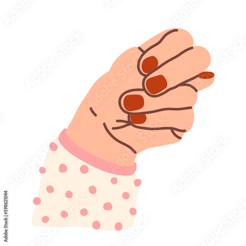 Woman's hand showing fig gesture. Denial sign. T is the twentieth letter of the alphabet in sign language. Deaf language. Figa mudra