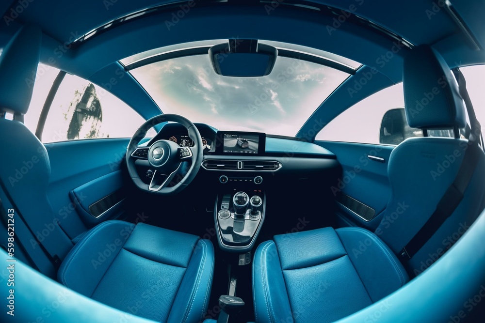 Full 360 photo of modern car interior with blue background. Ideal for VR/AR. Skybox used as background. Generative AI