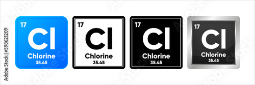 Chlorine chemical element with 17 atomic number, atomic mass and electronegativity values. Periodic table concept. Logo in four design. Simple black, realistic and color logo. Vector Generative AI