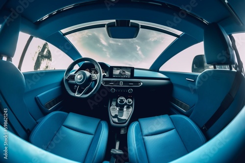 Full 360 photo of modern car interior with blue background. Ideal for VR/AR. Skybox used as background. Generative AI © Fallon