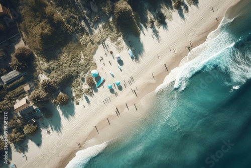 Aerial view of beach scene with blue backdrop. 3D visual. Generative AI © Fallon