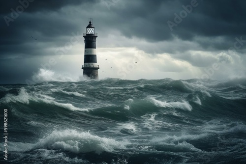 Symbols of hope in a stormy sea with lighthouses as the backdrop. Generative AI