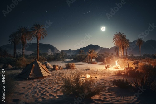 View of Sahara and Arabian deserts with fire camp, tent, full moon, palm trees, camels, lanterns and river. Generative AI