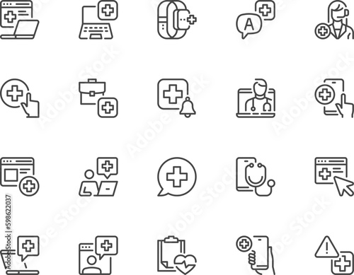 Online telemedicine. Medical video consultation. Remote health diagnosis. Online communication with the patient. Vector Line Icons Set. Editable Stroke. Pixel Perfect.