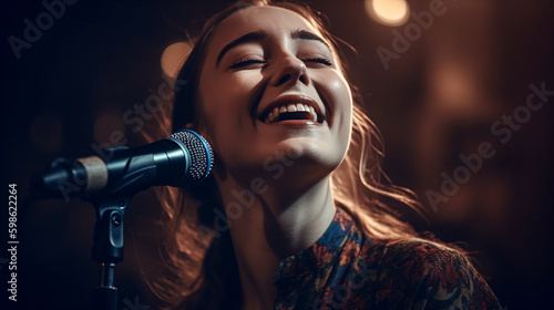 Young beautiful happy woman singing a song on stage, close-up portrait - ai generative