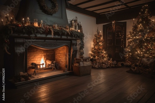 Fireplace holds a decorated tree  lights twinkling. Generative AI