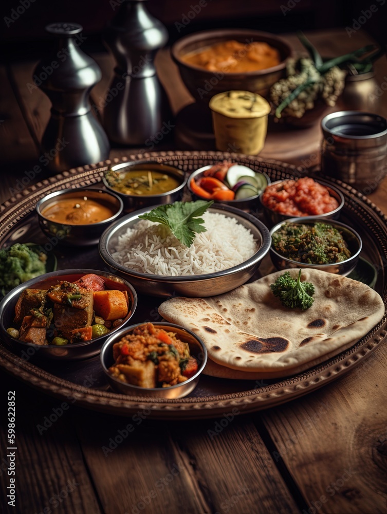 Indian meal platter or combo thali with gobi masala, paneer masala roti dal tarka jeera rice salad