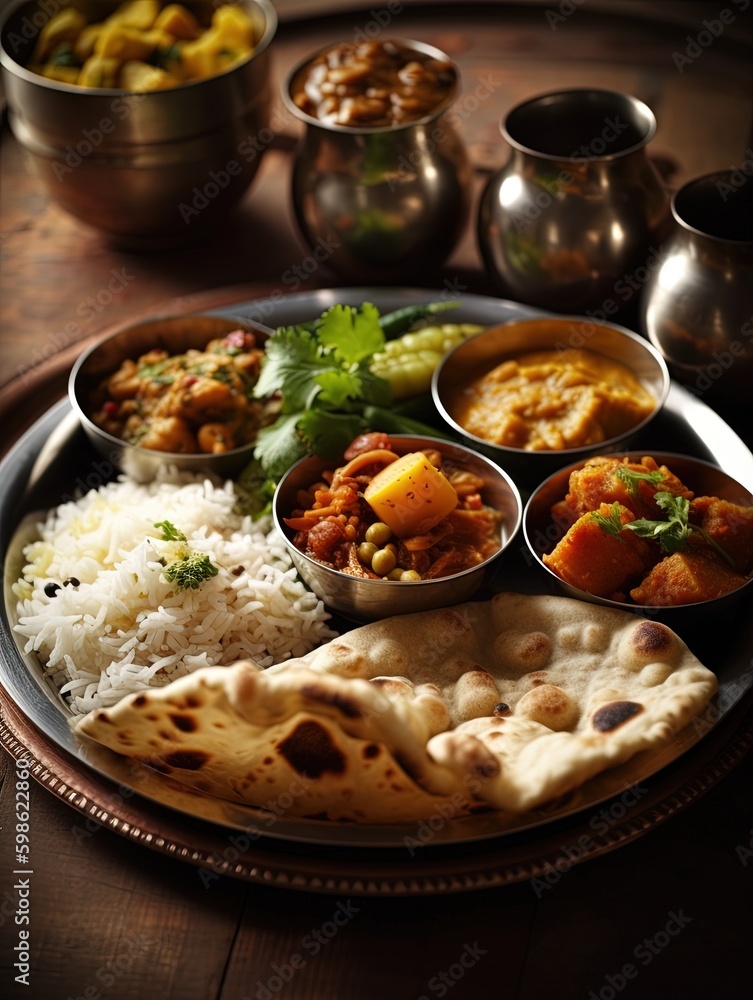 Indian hindu veg thali or food platter combo thali with gobi masala