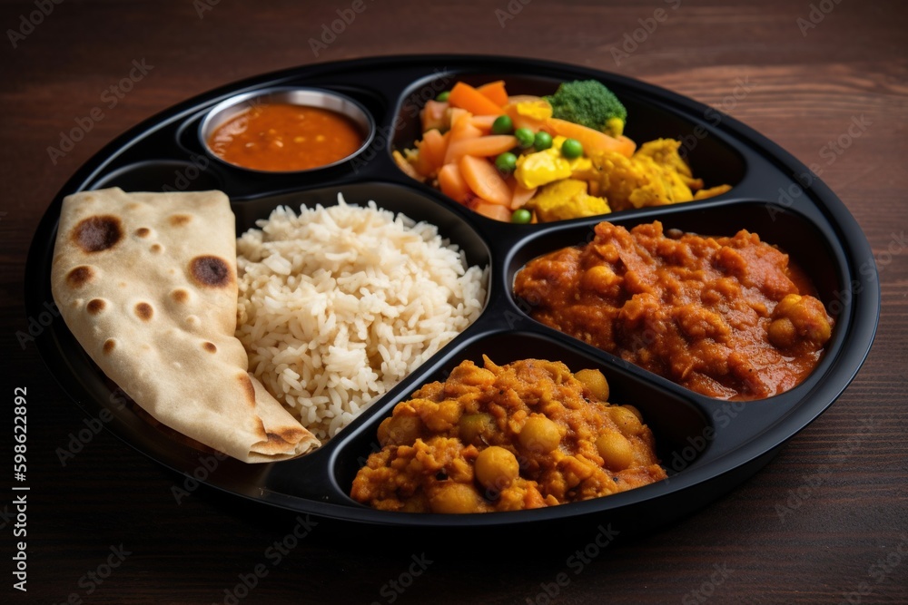 Indian mini meal parcel platter or combo thali with aloo masala roti dal tarka rice salad Indian mini meal parcel platter or combo thali with aloo masala roti dal tarka rice salad