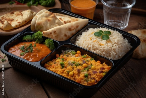 Indian mini meal parcel platter or combo thali with gobi masala roti and plane rice