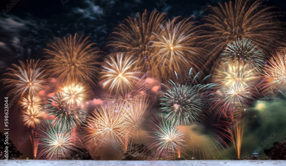 Fototapeta premium Colorful firework with bokeh background with copy space for New Year celebration, Abstract holiday background Happy New year blurred banner, party,festive concept