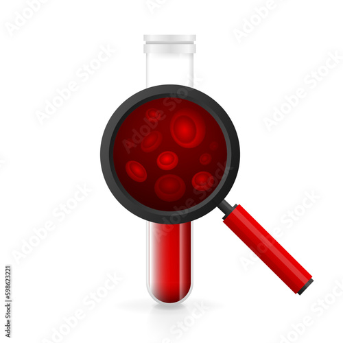 Blood in glass flasks, transfusion and testing. Laboratory and vacutainer collection tube. Medical glass flask with a magnifying glass for studying blood. Vector illustration. Generative AI
