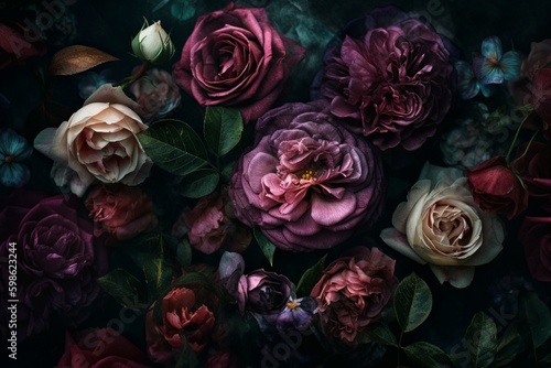 Dark floral background with blossoming digital watercolor roses. Generative AI