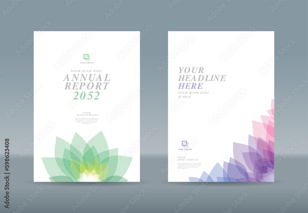 Fototapeta premium Abstract transparent green blue magenta purple flower petals on white background for book cover template.