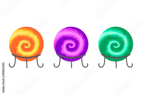 Set of 3 multicolored vector balls for divination isolated on a white background. Glass magic crystals - accessories for the modern witch. Orange, purple and green spiral, occult.
