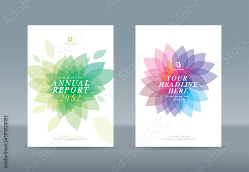 Abstract transparent green blue magenta purple flower petals on white background for book cover template.