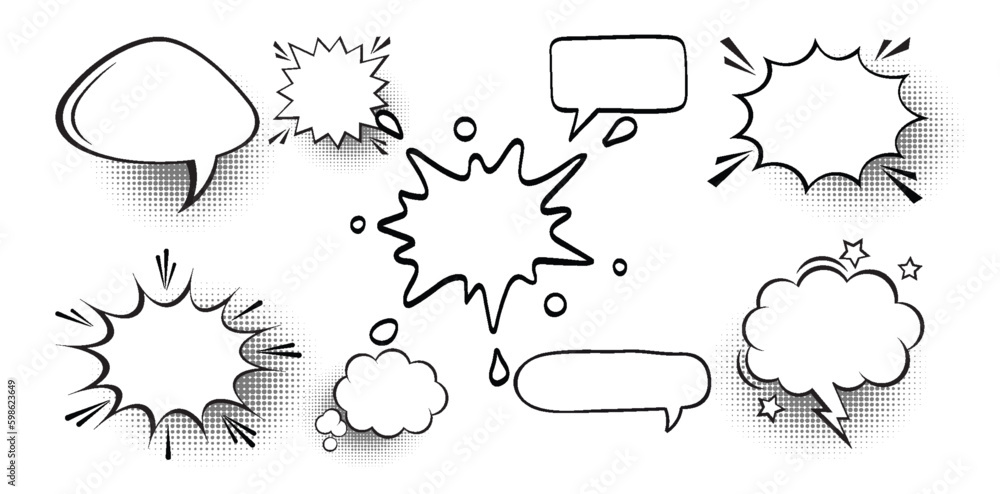 Retro empty comic speech bubbles set with black halftone shadows. Vintage design, pop art style - stock vector. - obrazy, fototapety, plakaty 