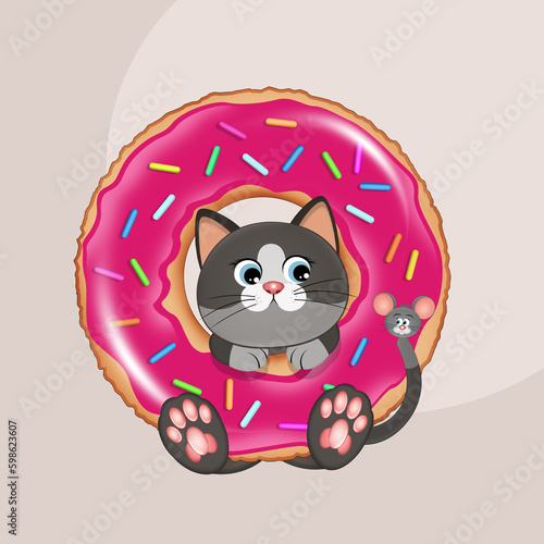 illustration of the kitten in the donut inflatable life buoy