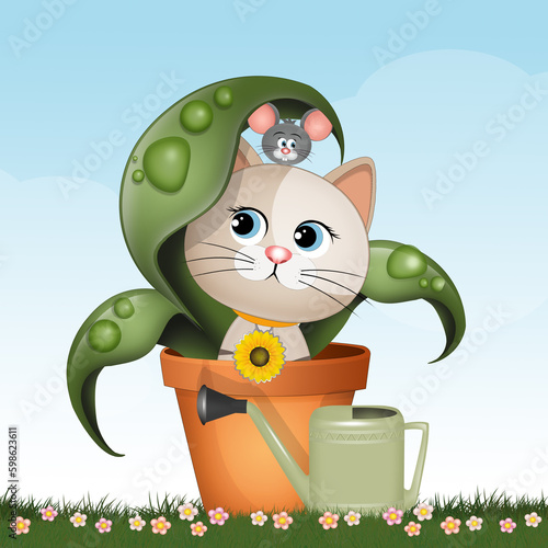 illustration of kitten in flowerpot