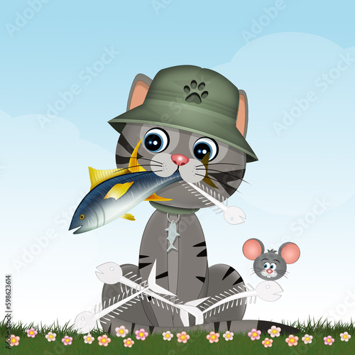 illustration of cat eats fish bones