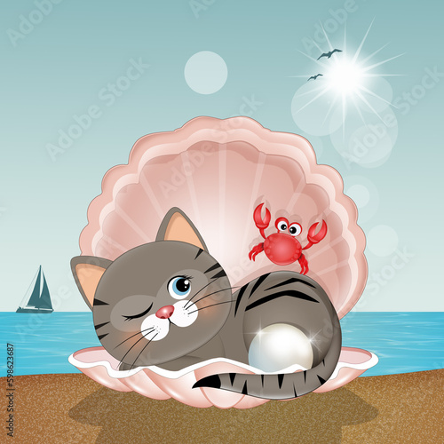 illustration of the kitten in the seashell with pearl
