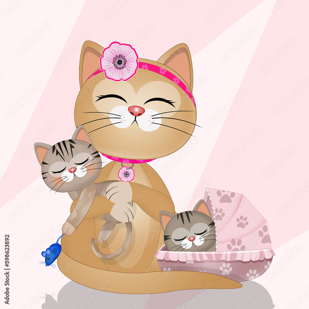 illustration of mom cat with kittens illustration of mom cat with kittens