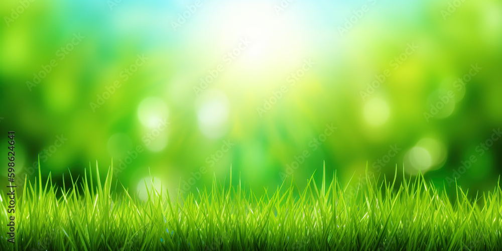 Fresh green grass background in sunny summer day. A natural spring garden background of fresh green grass for product display. generative ai. Blurred nature background