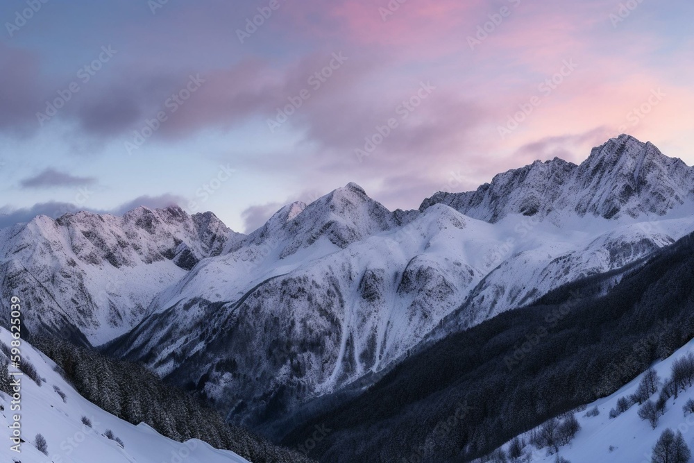 Snowy sunrise over Italian Alps in Lombardy's Valle Camonica. Generative AI