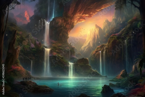 Picturesque waterfalls in fantasy world. Digitally generated AI image