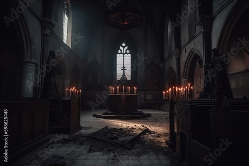 Creepy cultisits making a sacrifice in their hideout. Digitally generated AI image