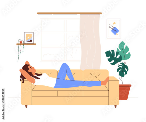 Happy housewife lying on couch and resting after house working. Young woman relaxing, leisure time on sofa in day time. Colored flat vector illustration isolated on white background