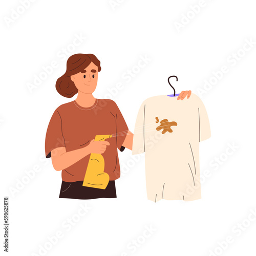 Young housewife removing stain from dirty t shirt with spraying spot remover. Woman cleaning mark with liquid detergent from clothes. Flat vector illustration