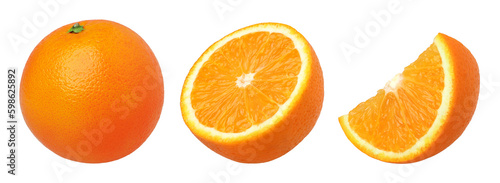 Orange fruit half and slices isolated, Orange fruit macro studio photo, transparent png, collection, PNG format, cut out.