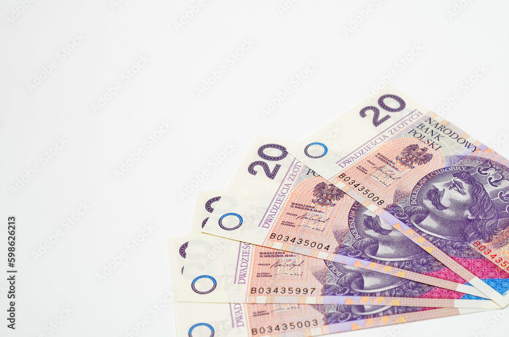Polish money banknotes on white background, copy space Polish money banknotes on white background, copy space