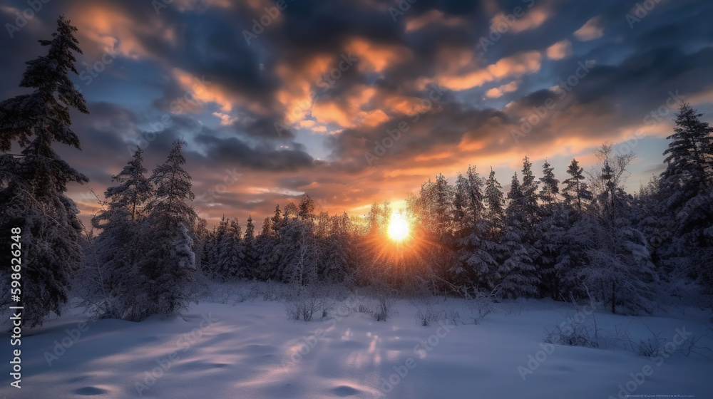 Sunset in the woods in winter