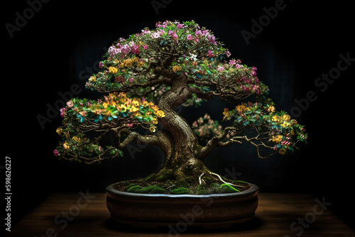 Bonsai tree with flowers on black background. Digitally generated AI image