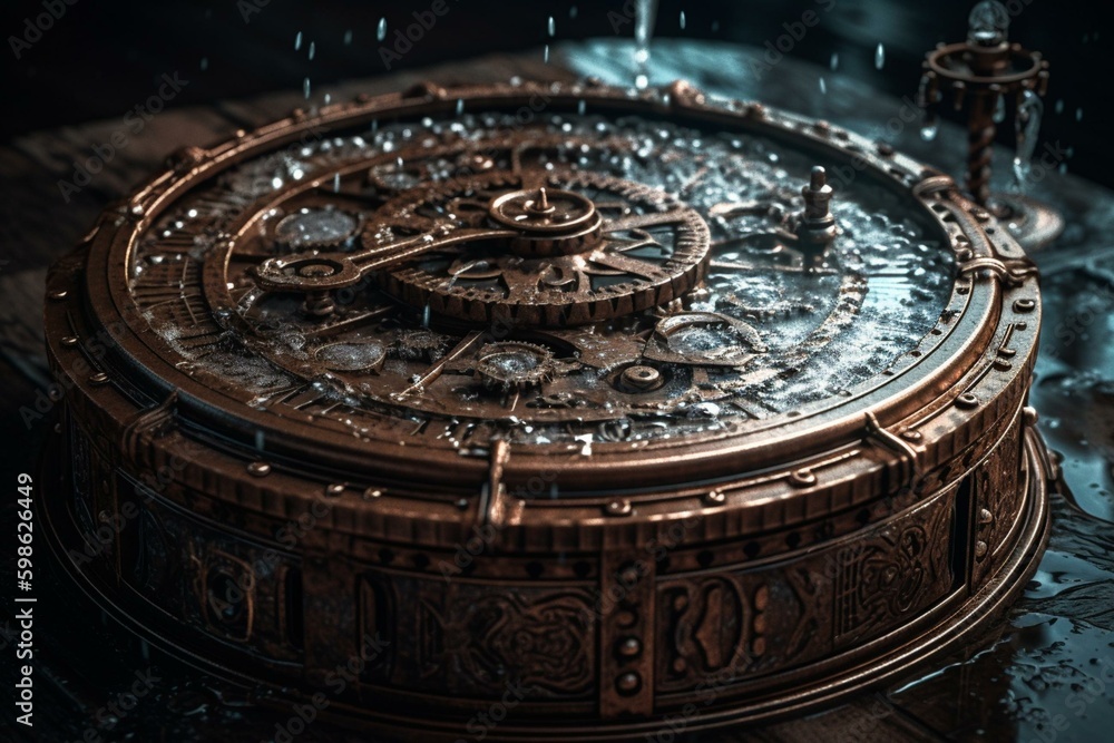 A clock with steampunk water design and gears. Generative AI