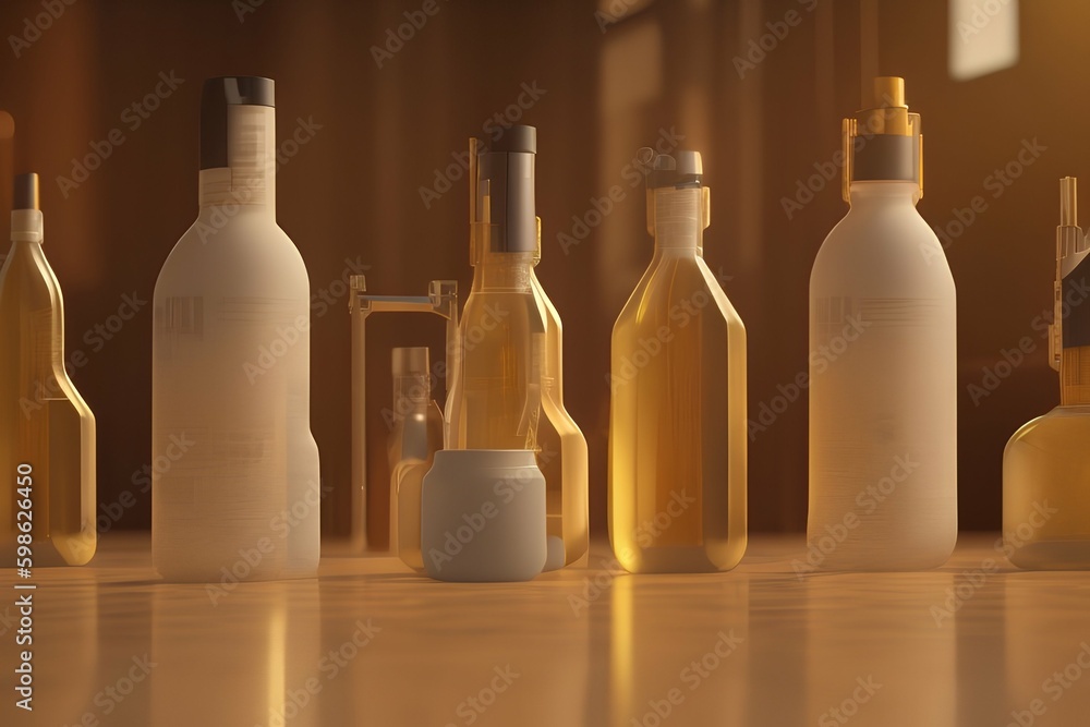 Elixir bottles and sunlight on the table - generative ai Elixir bottles and sunlight on the table - generative ai