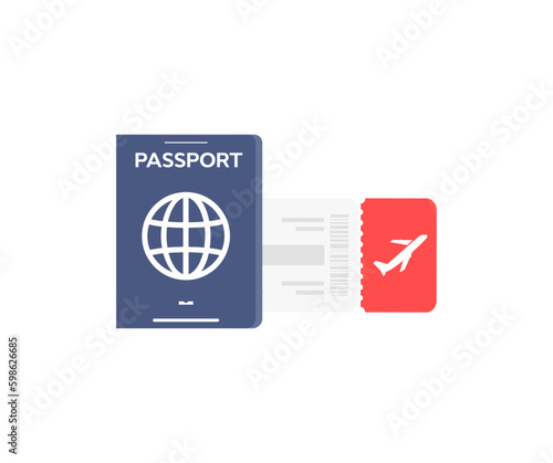 International passport and tickets on plane logo design. Document for traveling, tourism, immigration. Flight pass for airplane. ID control at the airport vector design and illustration.
