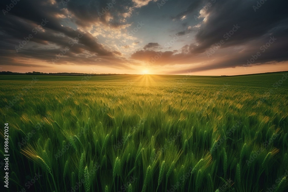 Gorgeous sunrise over green wheat fields with beautiful clouds in the sky - a stunning natural landscape in spring. Generative AI