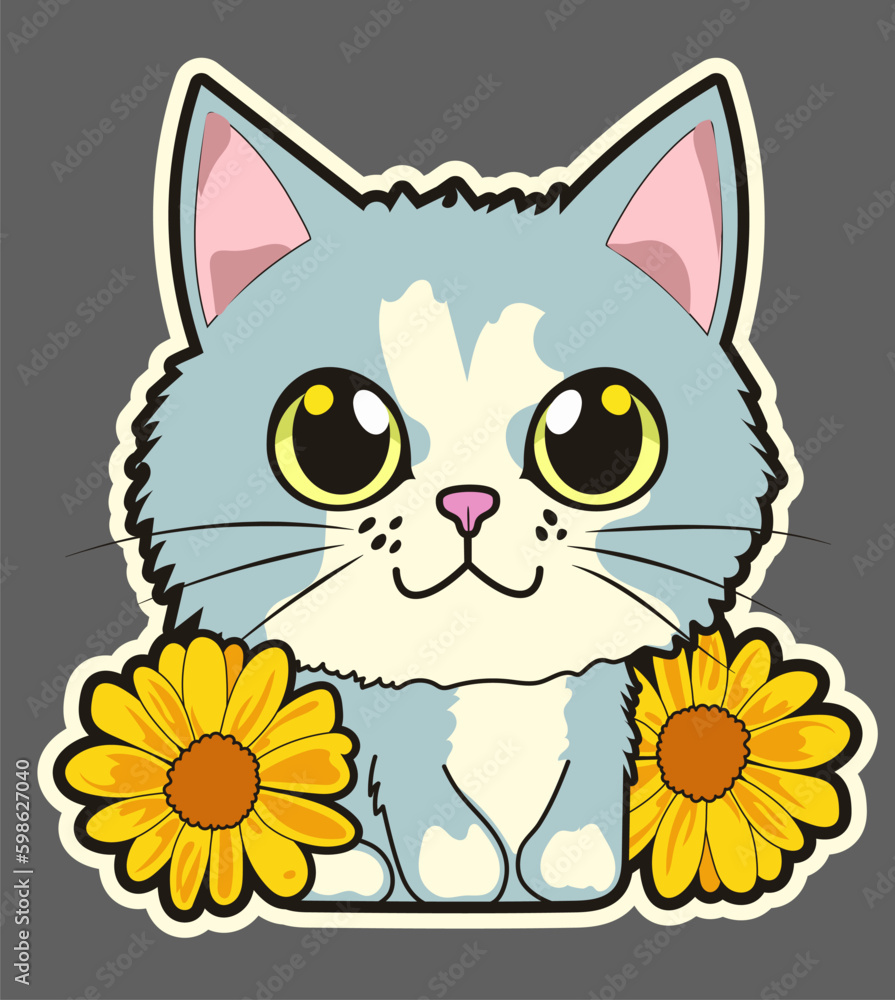 Sticker with a cute cat with sunflowers. Vector graphics