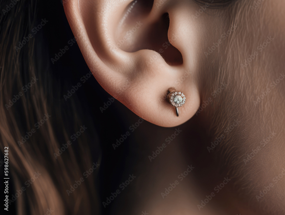 A woman's ear with a small diamond in the middle