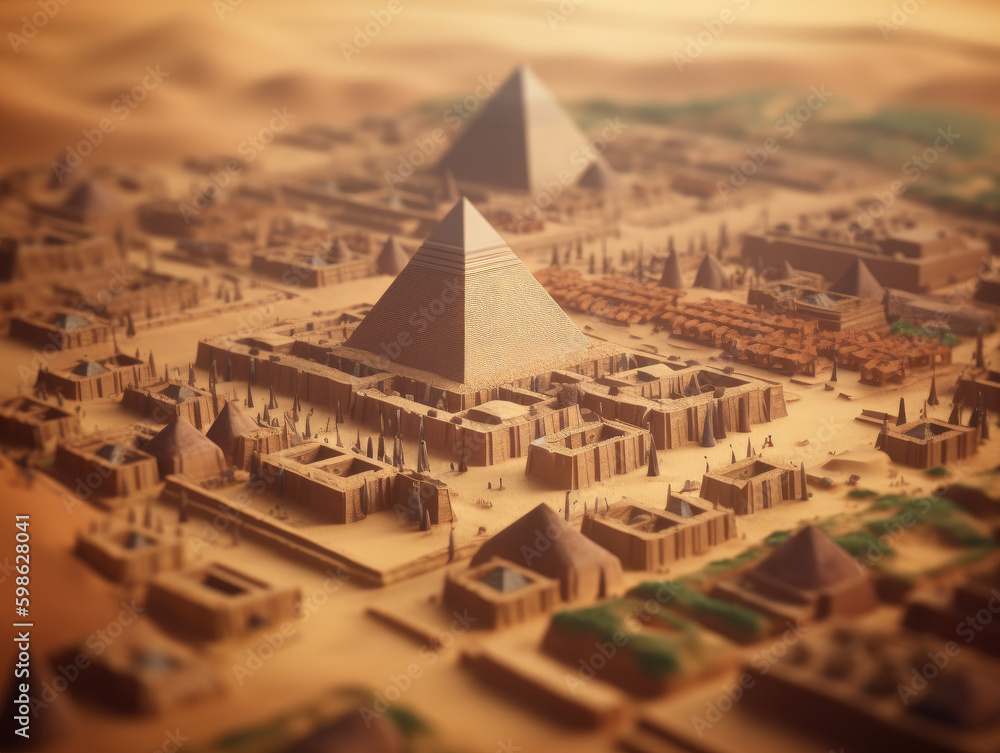 Ancient isometric Egyptian town with pyramid tilt shift style, generative ai