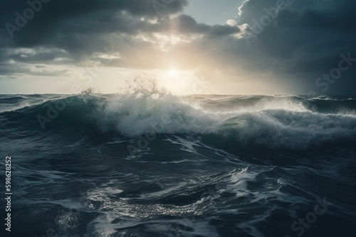 Giant wave crashes into stormy ocean with sunbeam & dark cloud. Dark blue hue dominates wave. Generative AI